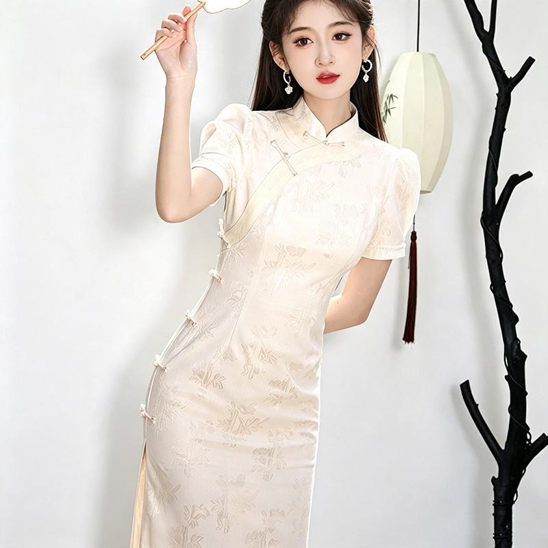 Beige lace national style new Chinese style Suzhou medium and long cheongsam improved young girl high sense small man