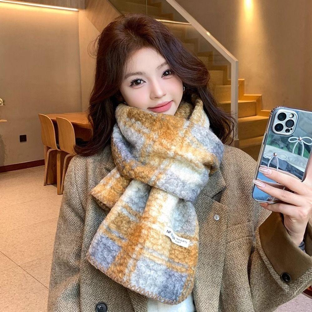 High Quality Plaid Fleece Scarf Coldproof Winter Cashmere Shawl Elegant Curly Wool Scarf  Girls