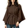 Women's Color Stand Collar Wool Cape Coat with Belted Waist and Long Sleeves