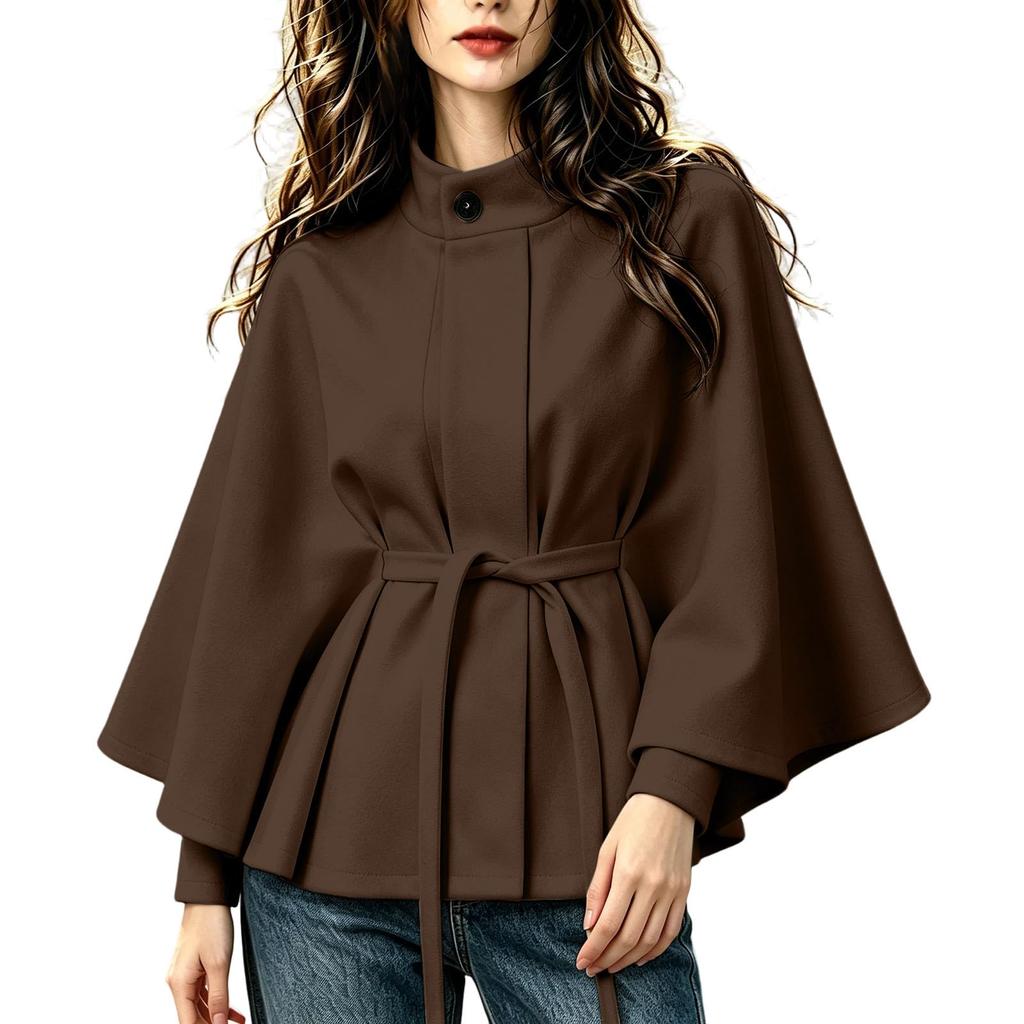 Women's Color Stand Collar Wool Cape Coat with Belted Waist and Long Sleeves