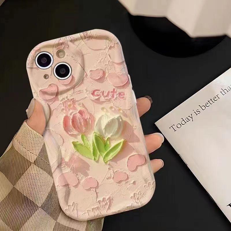 Pink Tulip for IPhone 17 Mobile Phone Case 16 Promax Female for IPhone 14 Plus Cartoon 13 Cream Pattern 15