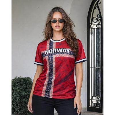Norway Red Cross Ethnic Pattern Soccer Jersey, Oversized Quick Dry Breathable Tee for Nordic Fan Streetwear, Daily Casual Outfit