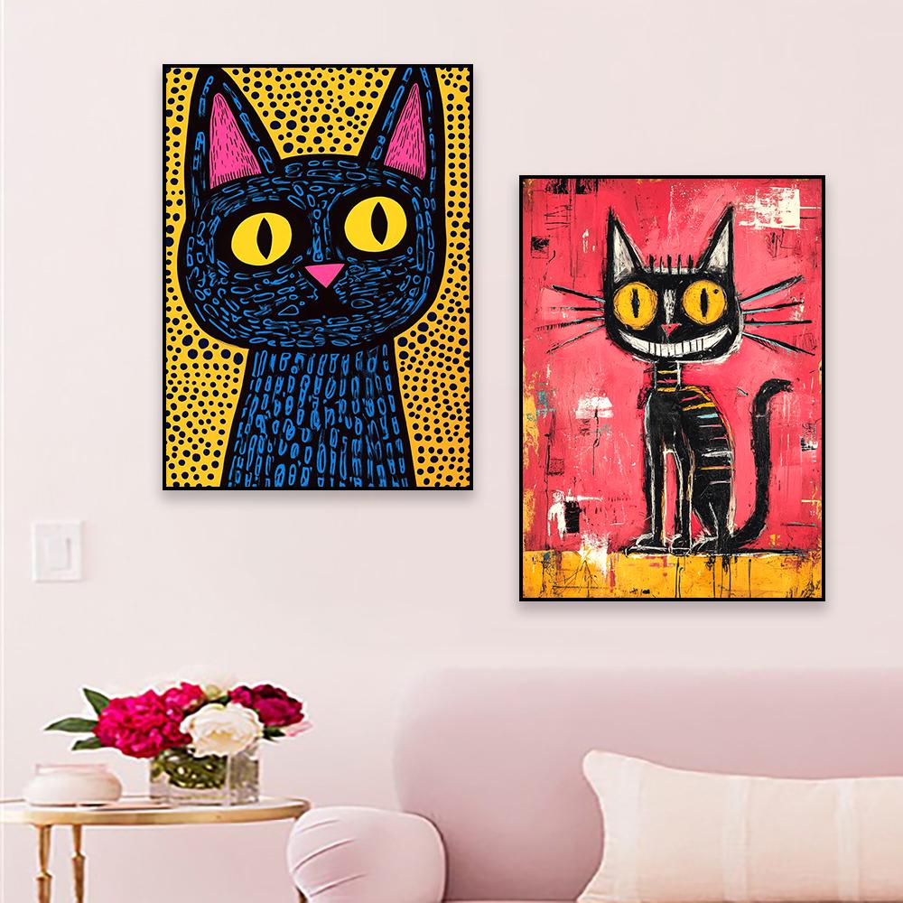 Cool Cats Canvas Painting Colorful Graffiti Mid-Century Modern Cat Wall Art Poster Decor Abstract Blue And Yellow Cat Room Decor