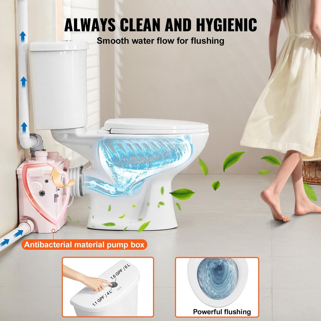 VEVOR Macerating Toilet System with Powerful 800W Macerator Pump, Rear Discharge and Upflush Toilet For Basement, Dual Flush Water Disposal