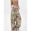 Vintage Washed Denim Pants With Embroidered Letter Camo Tree Print High-Waisted Wide-Leg Straight Cut Unisex Jeans