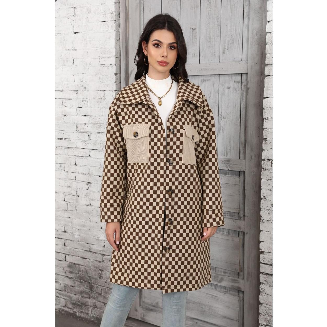 

GMXIA Autumn Winter Women s Loose Long Single-breasted Cardigan Plaid Coat for Women XXL хаки
