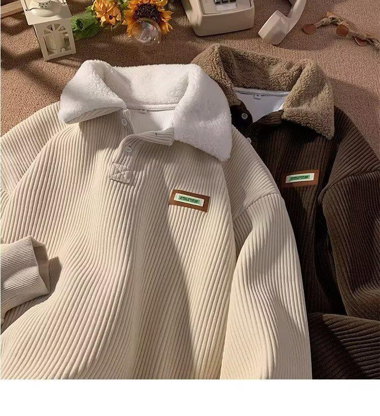 Felpa con Cappuccio e Colletto Polo in Velluto a Coste da Uomo - Stile Hong Kong Autunno/Inverno Top Casual Largo