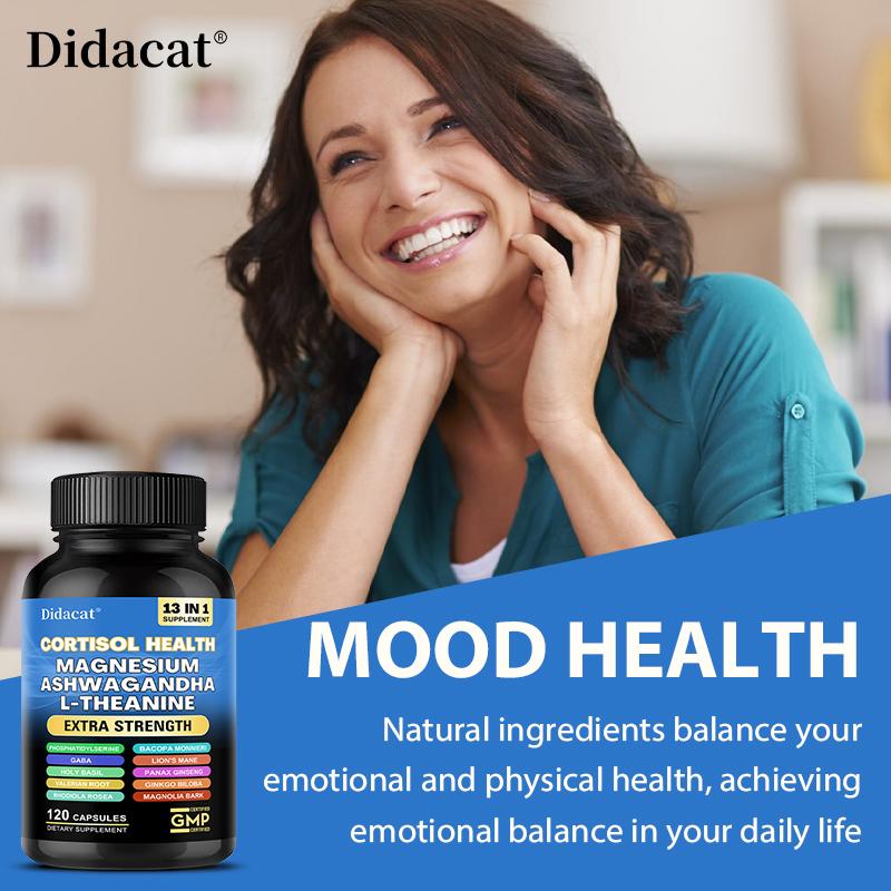 Didacat Cortisol Health Magnesium Ashwagandha L-Theanine Supplement, 120 Capsules