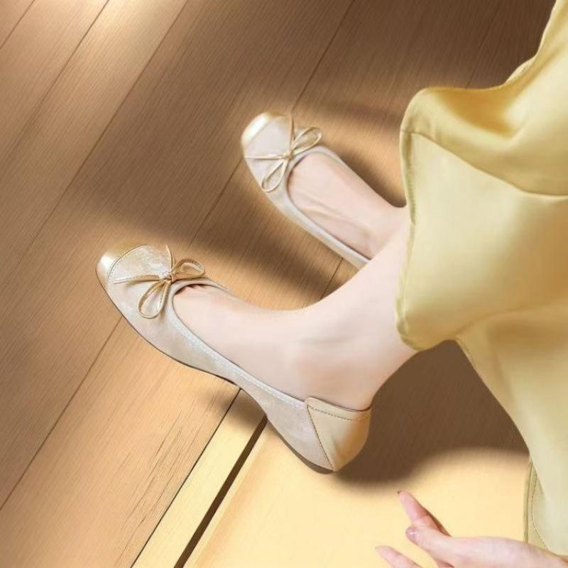 Xiaoxiangfengba French Mary Jane PU Bow One Pedal Light Mouth Muffin Bottom Low Heel Round Head Low Top Shoes Rubber
