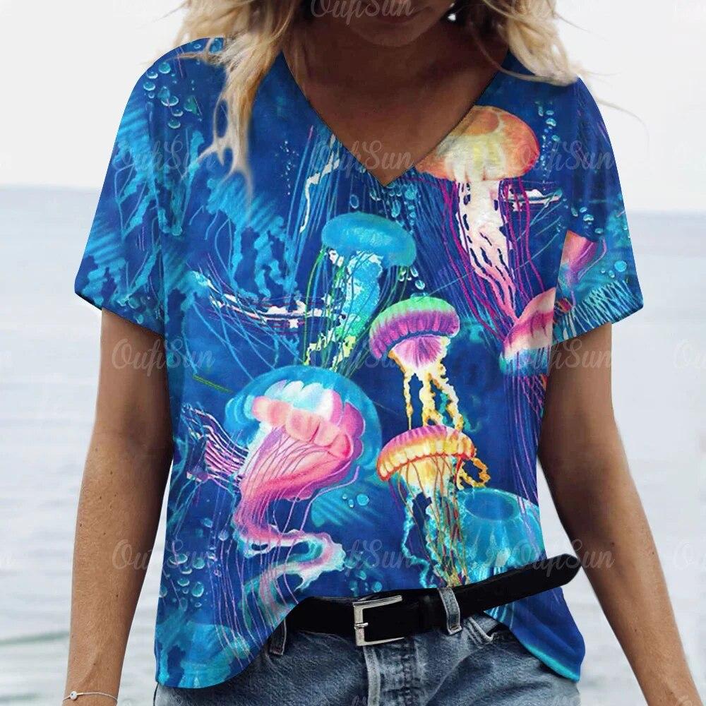 Top Women Sea Animals Printed T-Shirt For Women Oversized T-Shirts Women's Trending Clothing Summer Cheap  Beach T-shirt