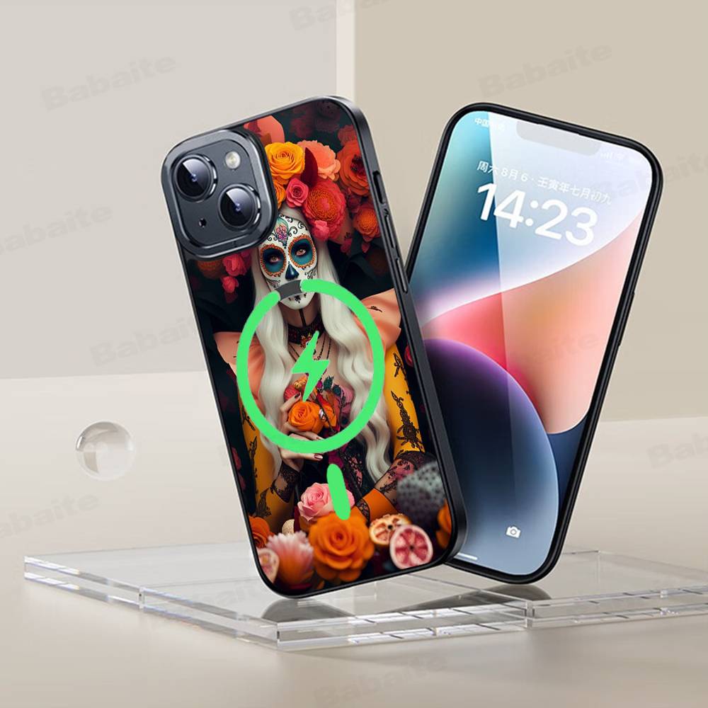 Catrina Beautiful Rose Girl Skull Phone Case Magnetic Case For iPhone 17 16 15 14 13 12 11 For Magsafe Wireless Charge Cover