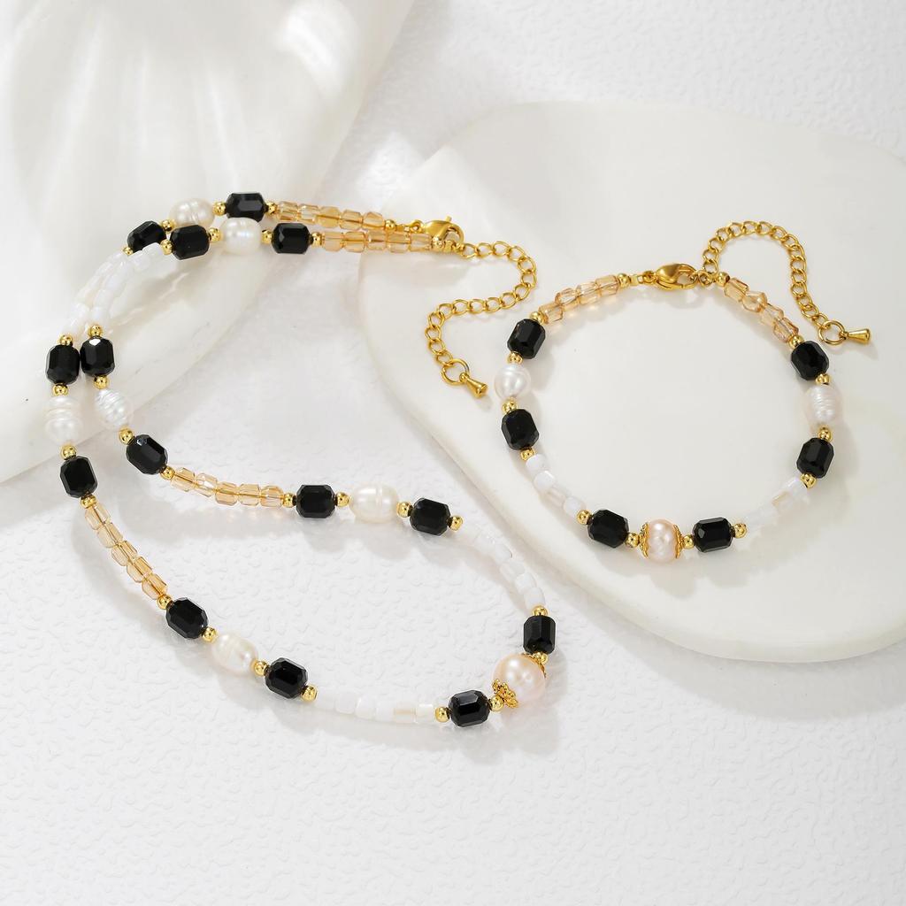 Exquisite Retro Bracelet-Necklace: Freshwater Pearls with Black & Yellow Crystals