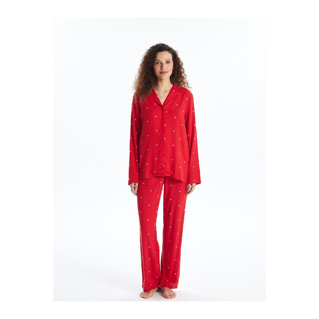 Eco Red Printed Shirt Collar New Year Themed Women's Pajama Set