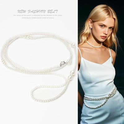 Mehrlagige Perlen Damen Taillenkette Französisch Vintage Langer Perlen Gürtel Dekorativer Kleidergürtel