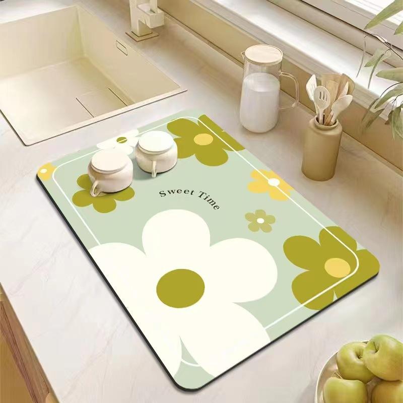 Natural Diatomite Drying Mat with Fast Water Absorption, Heat Resistant Kitchen Pad for Dishes & Cookware - 30x40cm To 40x60cm Floral Design