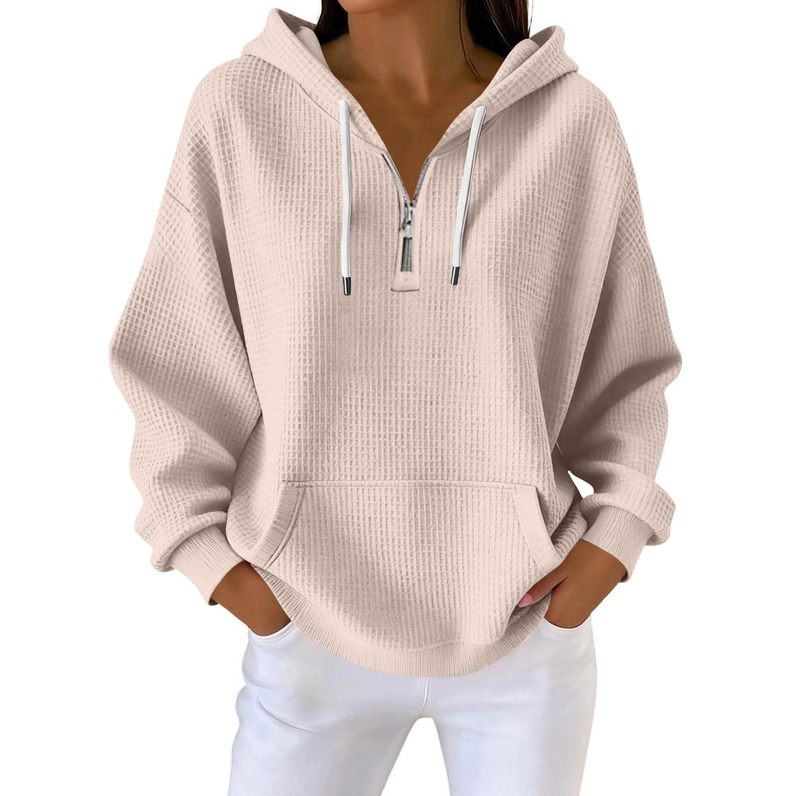 Womens Zip Hoodies Casual Long Sleeve Drawstring Pullover Tops Loose Hooded Sweatshirt With Pocket XL бежевый