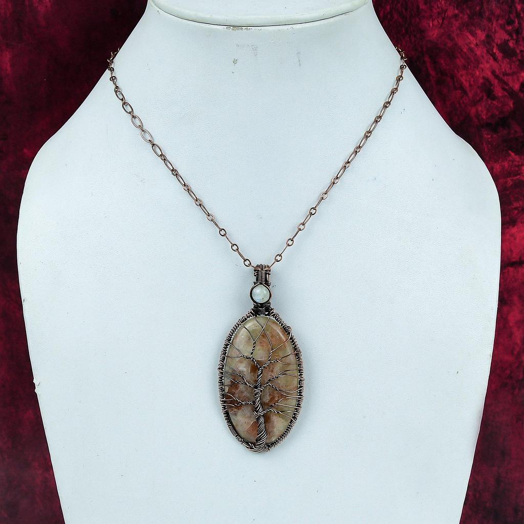 Tree Of Life Sunstone Gemstone Pendant Copper Wire Wrapped Moonstone Jewelry