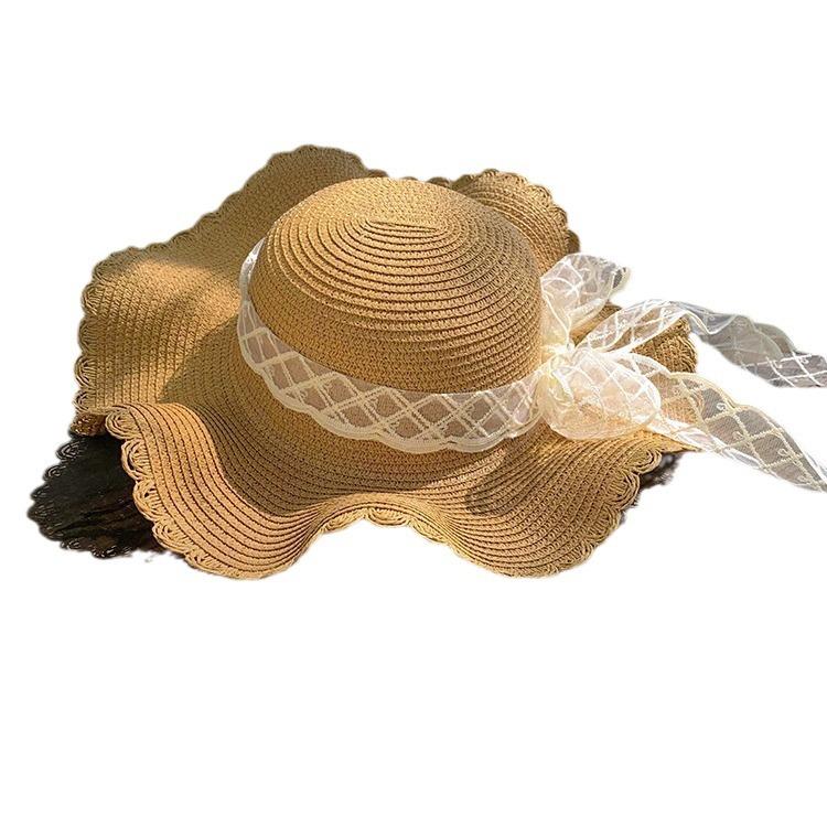 Schleife Spitze Strohhut Damen Sommer Meeresufer Strand Große Krempe Urlaub Wind Sonnenschutz Schatten Stroh Sonnenhut