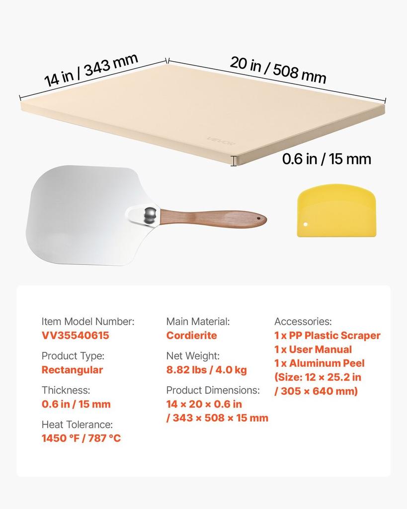 Pizza Stone, 508 x 355 mm Rectangular Cordierite Pizza Stone, Extra Large Baking-Stone with Aluminum Peel, 15 mm Thick Heat-Resistant Cordierite, for