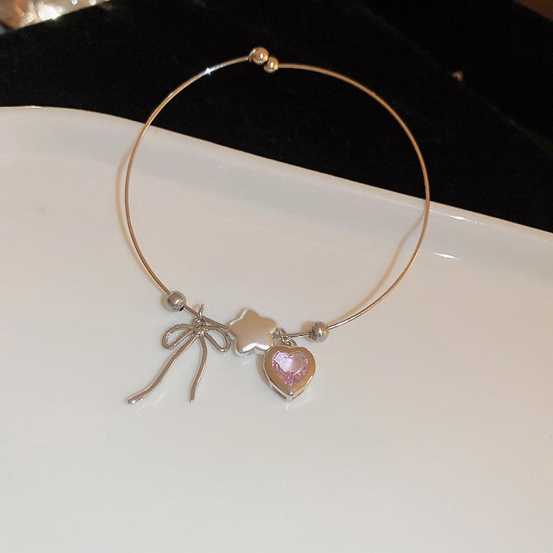 Sweet Simple Heart Bowknot Zircon Charm Opening Adjustable Thin Bracelet For Women Girls Aesthetic Jewelry Birthday Gift