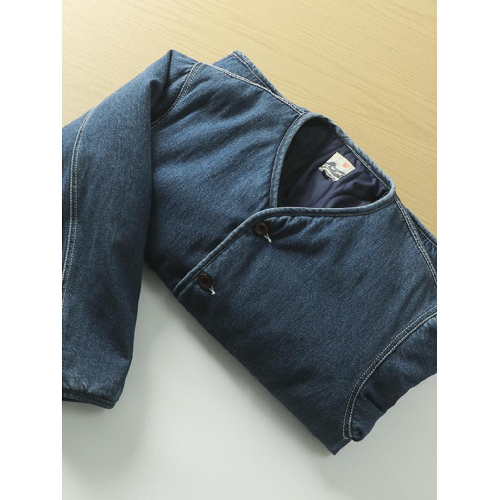 2025 Men's Quilted Winter Denim Jacket - Japanese Retro Style with Stand Collar