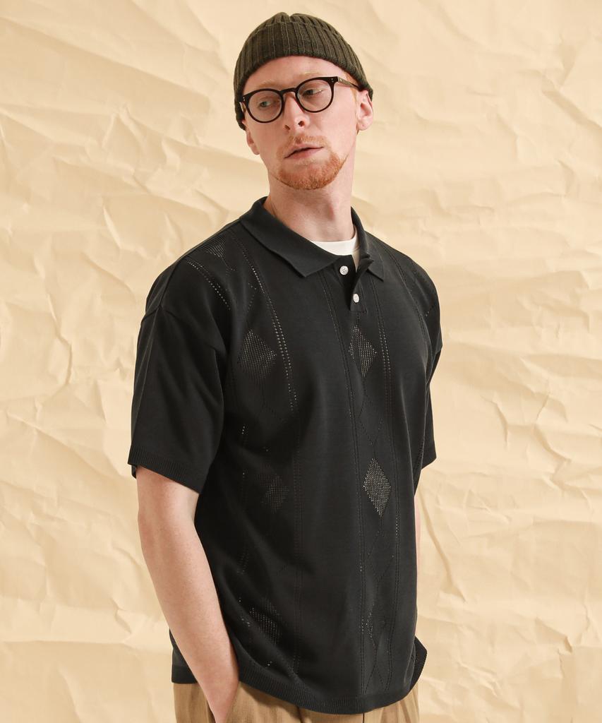 STAGE NAME Summer Diamond Punching Knit Polo Shirt_Black