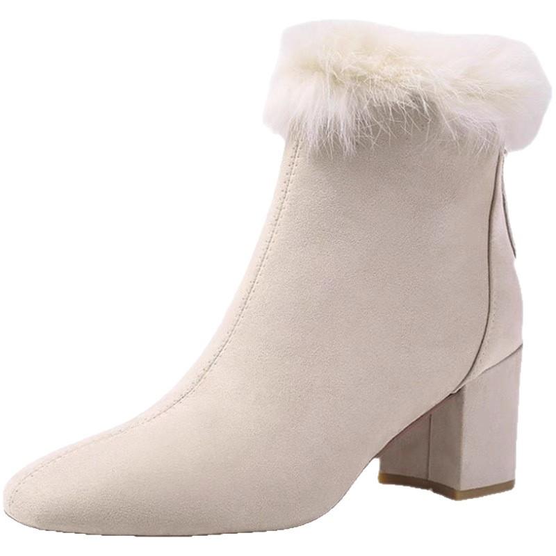 Béžové dámské kotníkové boty na vysokém podpatku 2025 zima nové silný podpatek univerzální sametové teplé módní boty z bavlny v zahraničním stylu dámské boty