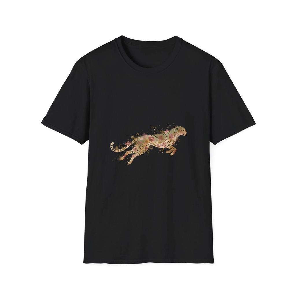T-shirt Nera Vintage con Stampa Floreale di Ghepardo Acquerellata Estetica Naturale