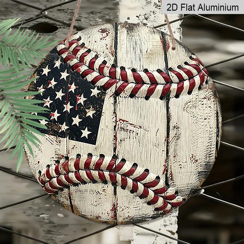 2D Flat, 1pc Round Vintage Baseball USA Flag Aluminum Hanging Sign, Rustic Patriotic Sports Metal Wall Decor, Suitable for Both Indoor And Outdoor