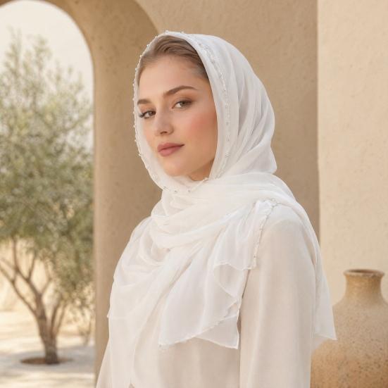 yangyizhi Washable Shawl, Ethnic Style Chiffon Texture Head Wrap with Faux Pearl Chain, Breathable All-Season Drape Headscarf for Daily Wear