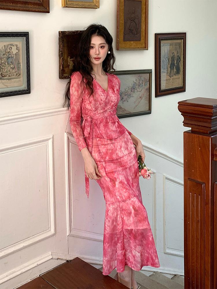 

French Collar Waist-Hugging Socialite Two-Piece Floral Mesh Dress Medium