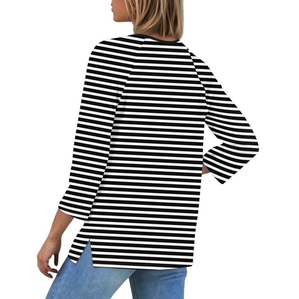 Ladies Casual Fashion V-neck Loose Versatile Striped Print Three-quarter Sleeves