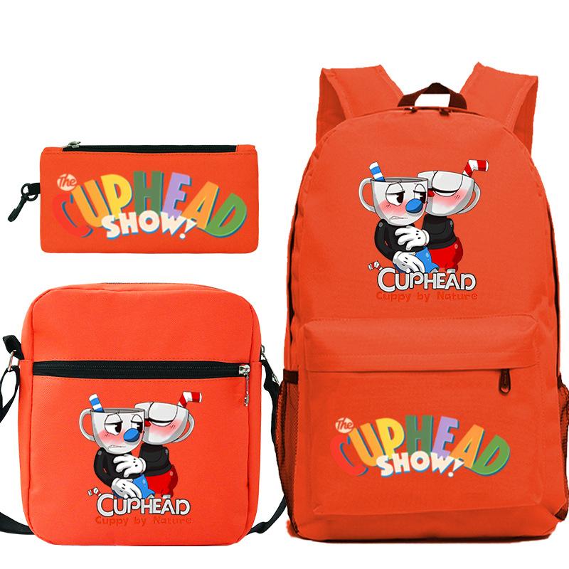 Cartoon Teacup Head Cuphead Student School Bag Backpack Three-piece Set Children's Shoulder Bag Pencil Bag