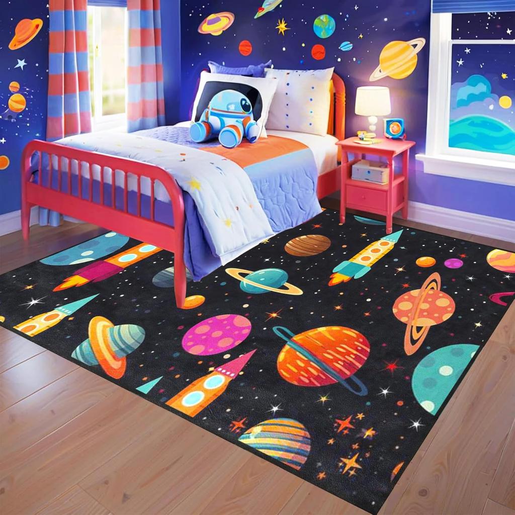 Cartoon Outer Space Rug for Kids Bedroom, Galaxy Planet Solar System Carpet, Educational Rockets and Satellites Play Mat