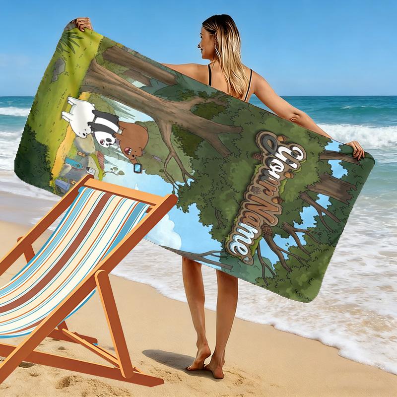 Name Custom We Bare Bears Print Beach Towel, Large Soft Quick Dry Towel for Beach Camping Swimming