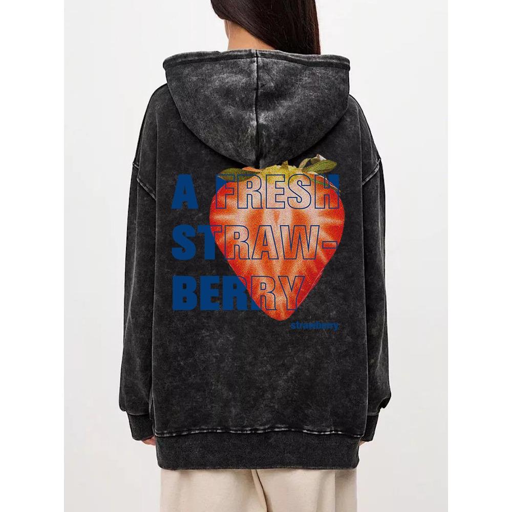 Autumn Winter Woman Acid Wash Hoodies A Fresh Strawberey Prints Sweatshirts Oversize Pocket Cotton Hooded Clothes