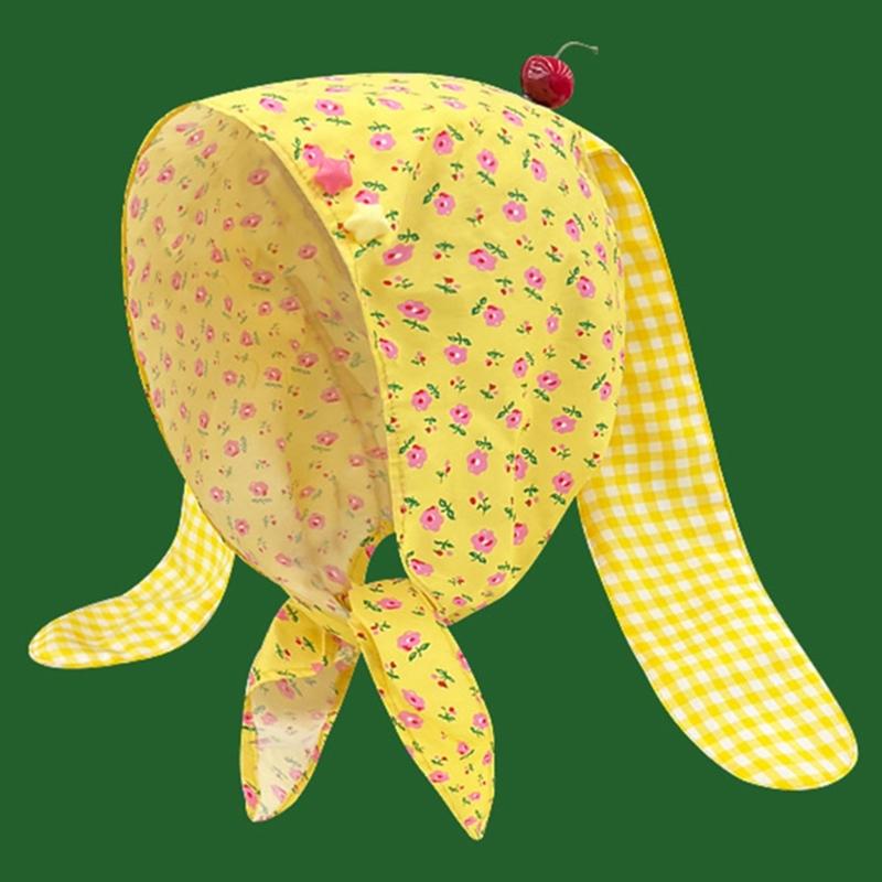 Cute Rabbit Ears Headscarf Hat Cherry Flossom Pattern Soft Cotton Hair Accessory For Women Adults Adjustable Headwear