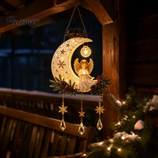 Weather Resistant Resin Ornament Solar Angel Moon Light, Christmas Hanging Lantern with Warm Glow, Garden Patio Yard Decoration Outdoor for