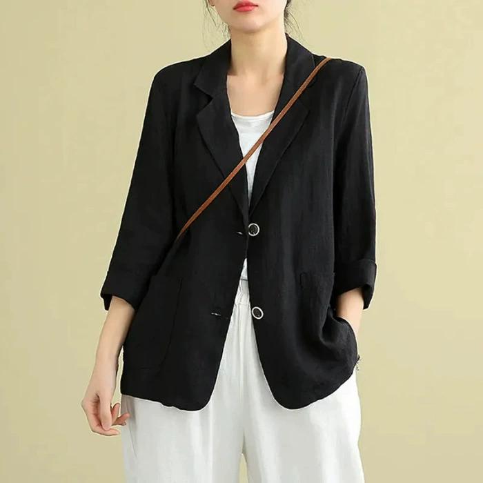 Blazer Outerwear in Cotone e Lino da Donna Coreano Femminile Corto a Manica Lunga Giacca Suit Primavera Autunno Donna Vestibilità Larga Blazer Giacca