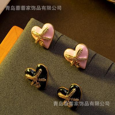 Sweet Oil Dripping Enamel Love Bow Cute Earrings Girl Temperament Versatile Small Fragrance Style Antique