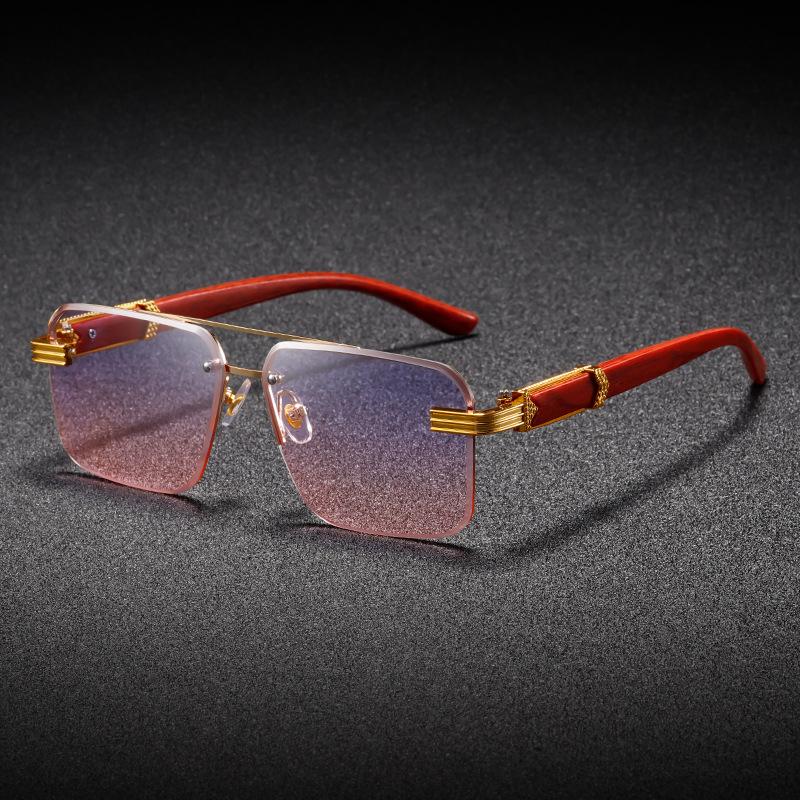 Classic Retro Double Beam Wood Grain Glasses Legs Men'S And Women'S Sunglasses High Sense Fashion Trend Street Sunshade Glasses Frameless