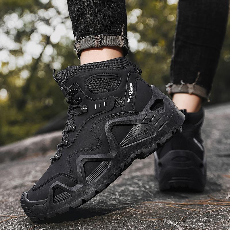 Large Size Outdoor Sports Non-slip Travel Shoes Wear-resistant Hiking Shoes Men's Thick-soled Medium-top Men's Shoes