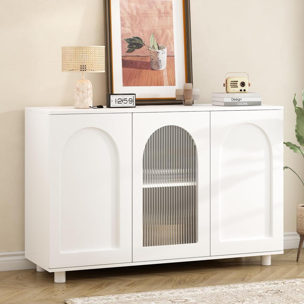 Sideboard 4-Rattan-Türen, Modern Buffetschrank, Viel Stauraum, Verstellbare Ablage, Wohnzimmer, Esszimmer, Flur, Küche, Landhausstil, Schwarz, 145cm