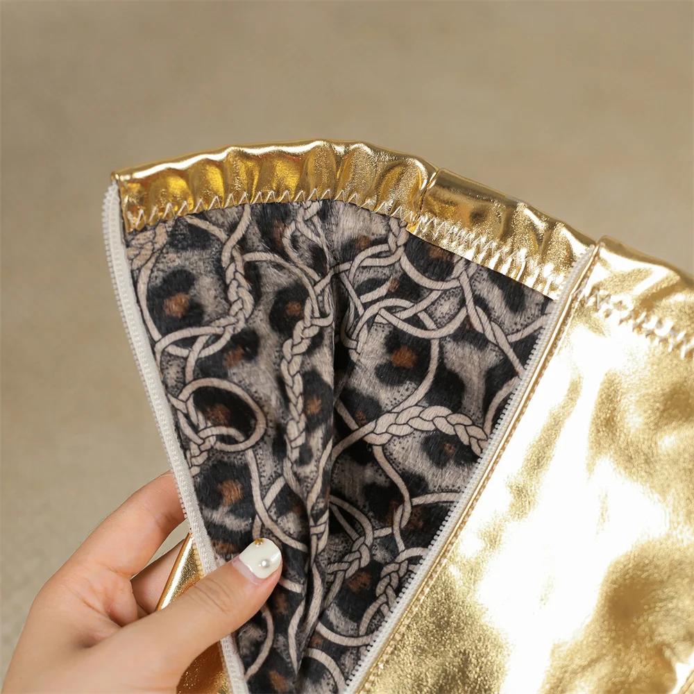 Sexy Silver Gold Metallic PU Over the Knee Boots Women High Spike Heel Club Show Party Lady Winter Plush Zipper Thigh High Boots