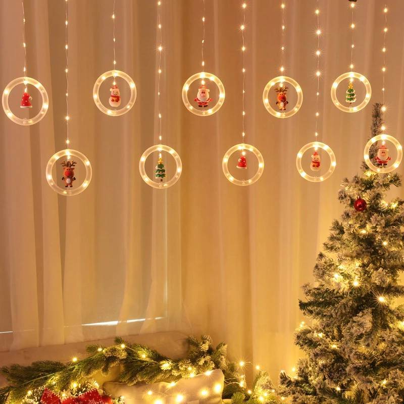 Christmas Led Curtain Lights With Snowman And Santa Shapes For Holiday Party And Indoor Use