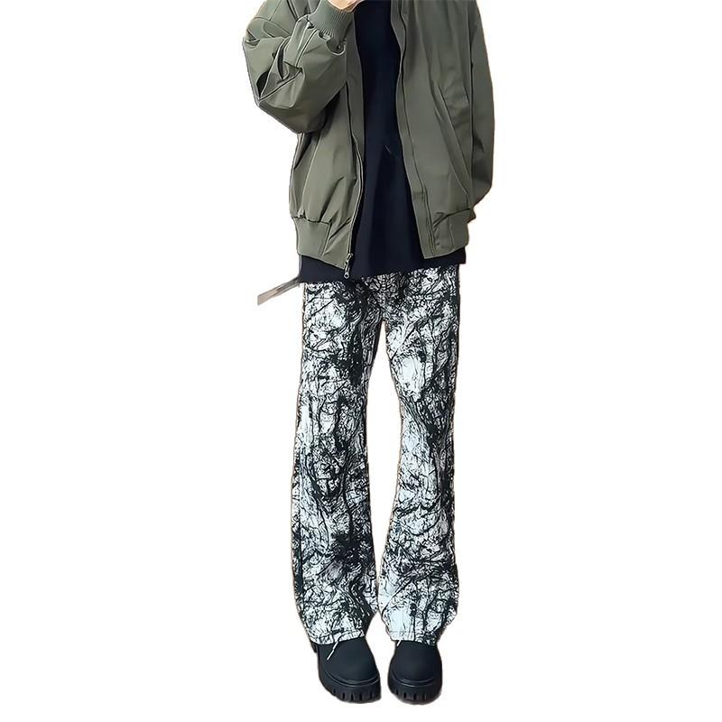 American retro ink tie-dye jeans design trendy brand slightly curved pants men's spring niche straight-leg pants