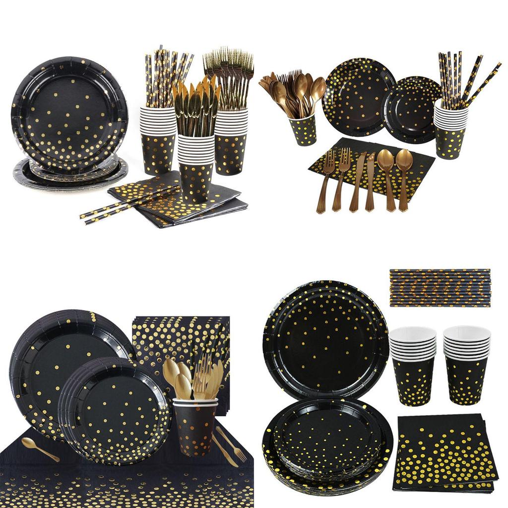 Elegant Black Gold Stamping Party Tableware Supply Perfect For Weddings Birthdays And Baby Showers