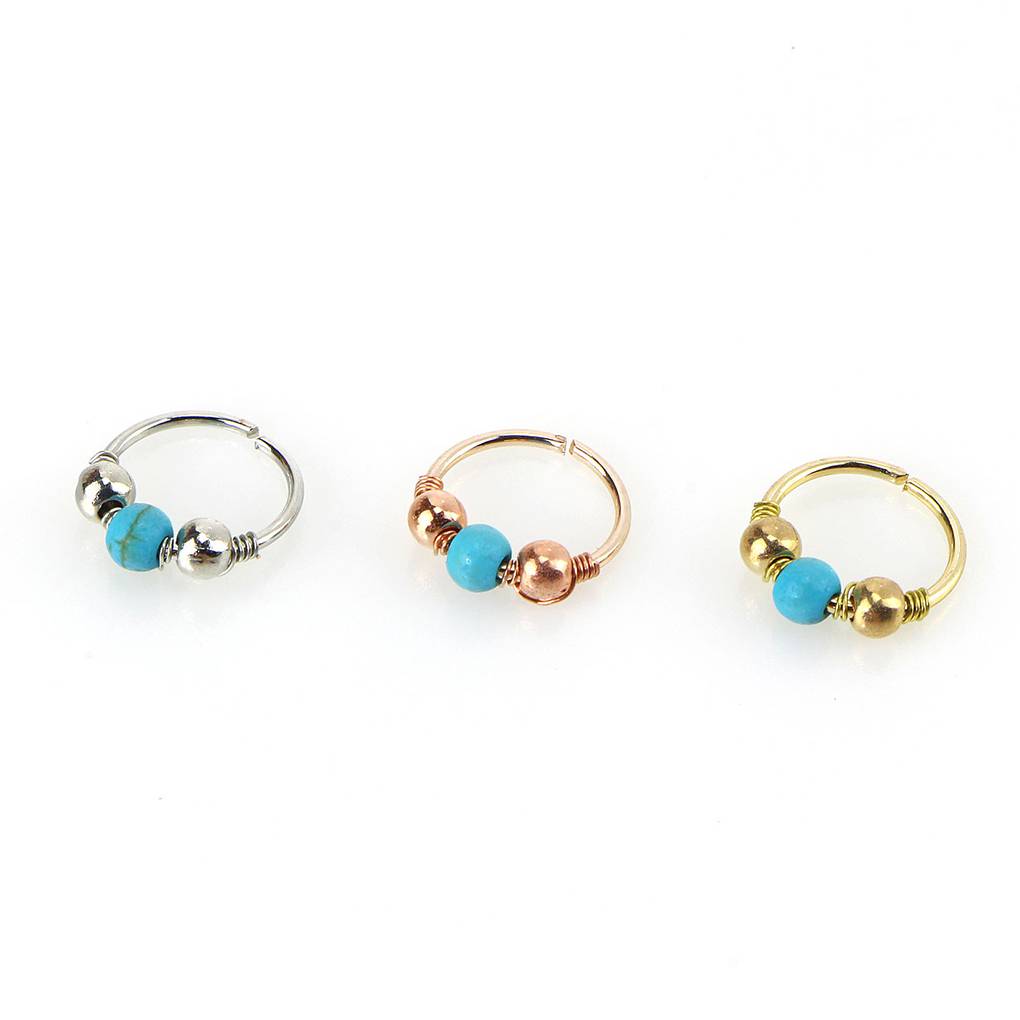 Turquoise Beaded Ear Bone Nail Copper Geometric Nose Rings Clips Lip Body Piercing Stud Earring Jewelry