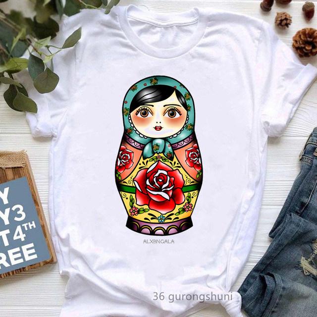 Russian Doll Cartoon Pure Cotton Printed Children's Short Sleeved New Fashion Trend Parent-child Loose Round Neck T-shirt