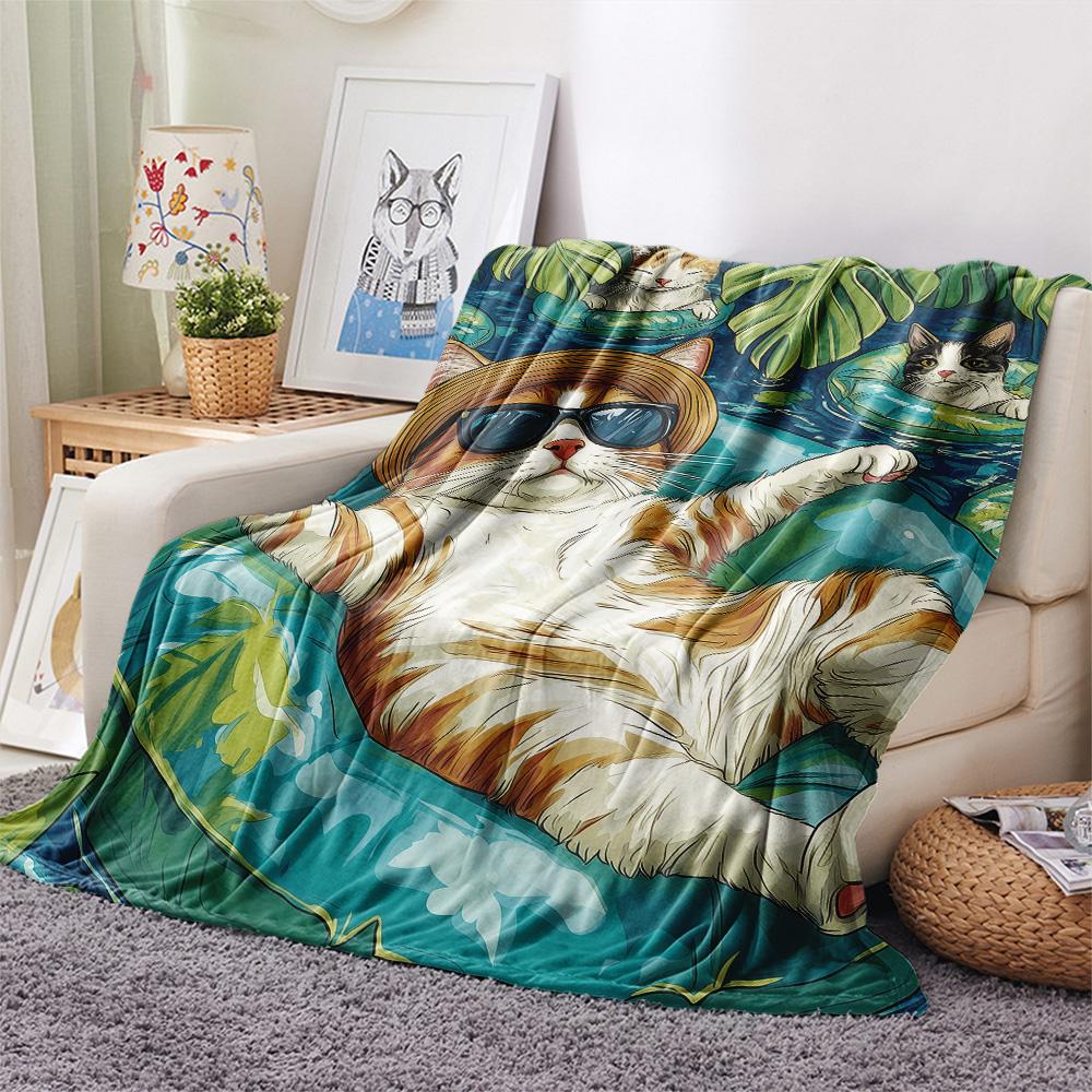 Cats with Swim Rings  Print Flannel Blanket, High quality Comfortable for All Seasons, Home Decor, Warmth and Comfort